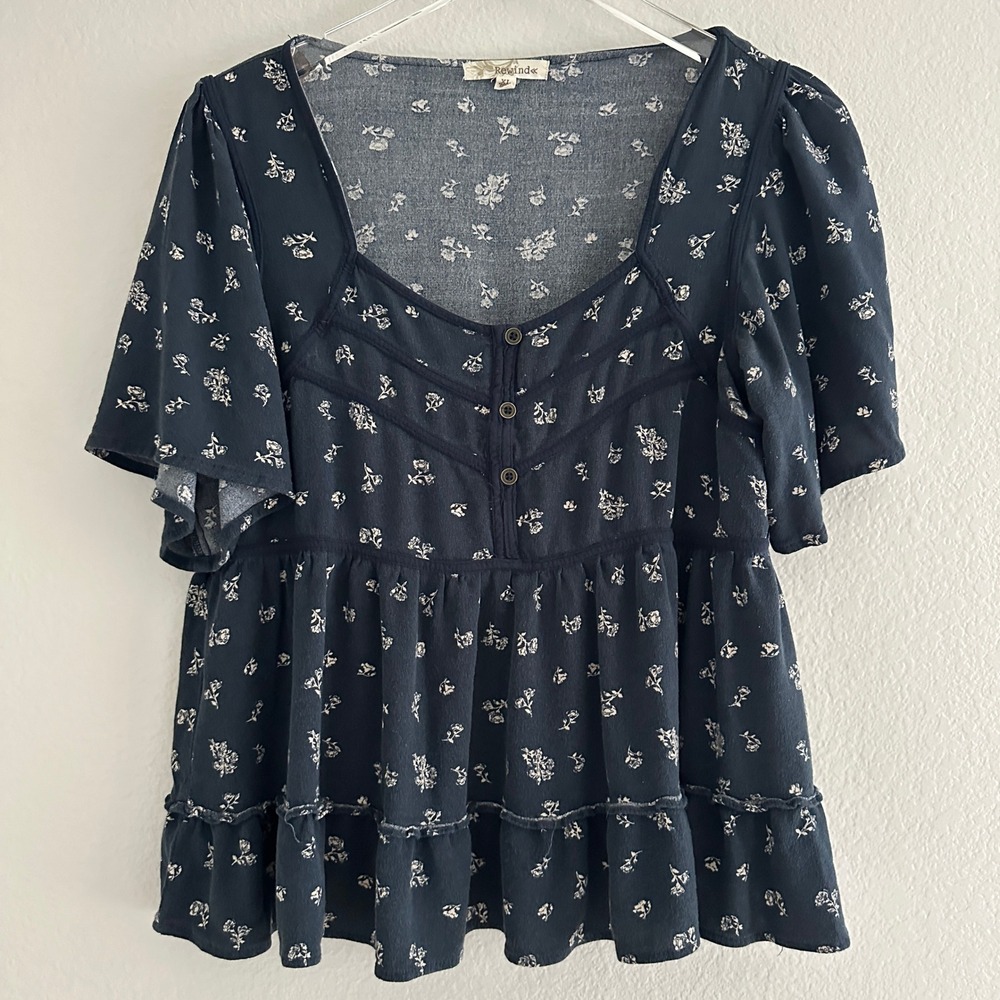 Rewind Peplum Top Women XL Navy Floral Square Neck Button Front Ruffle Tiered